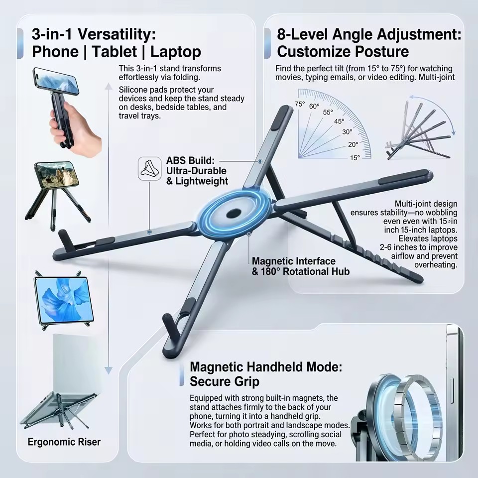 Laptop Related Accessories - 携帯電話用マグネット式ホルダー＆自撮り棒 3-in-1 折りたたみ式三脚スタンド iPhone、iPad、タブレット、ノートパソコン、デスクトップ用